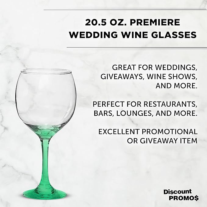 DISCOUNT PROMOS Premiere Wedding Wine Glasses 20.5 oz. Set of 12, Bulk Pack - Restaurant Glassware, Perfect for Red Wine or White Wine - Green
