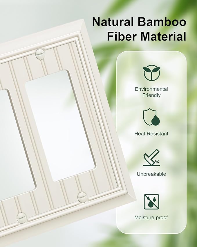 2-Pack Classic Beadboard Decorative Double Decorator Outlet Cover Plate, Light Almond Durable Natural Bamboo Fiber Wall Plates for Electrical Outlets, Receptacle, GFCI Outlet, Dimmer Switch, 2-Gang