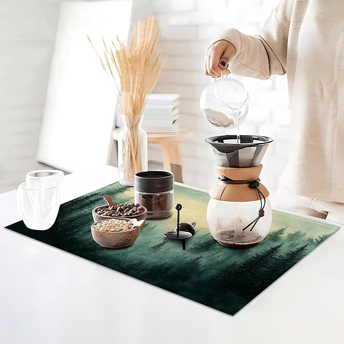 Placemats Set of 6,Misty Mountain Table Mats,Abstract Forest Washable Linen Table Mats,Non-Slip Heat Resistant Placemats for Party Kitchen Dining Indoor Outdoor 12"x18"