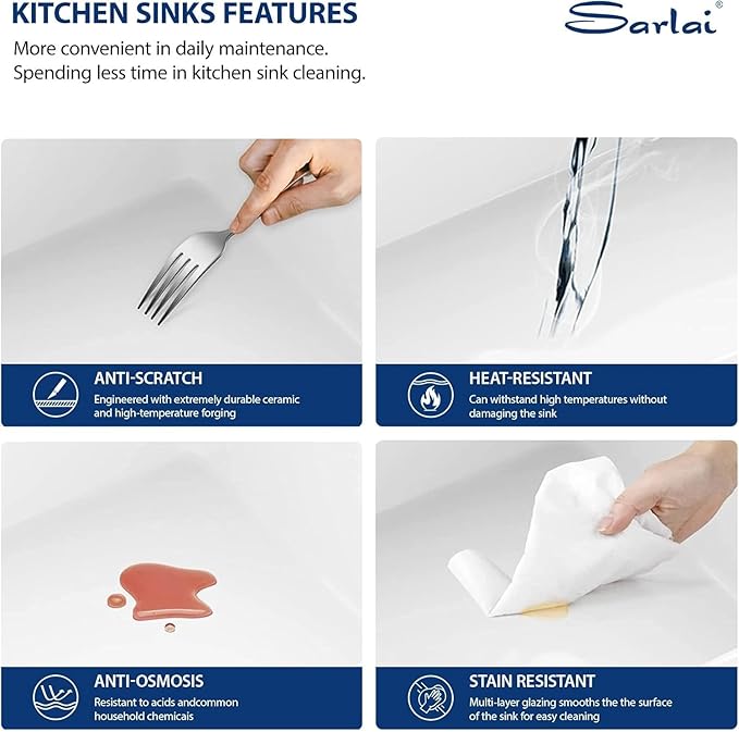 Sarlai 33 Inch White Undermount Sink Workstation - 33 x 19 Inch White Kitchen Sink Drop In Single Bowl Ledge Workstaion Topmount Sinks Fireclay Ceramic Sinks Basin With Gold Accessories