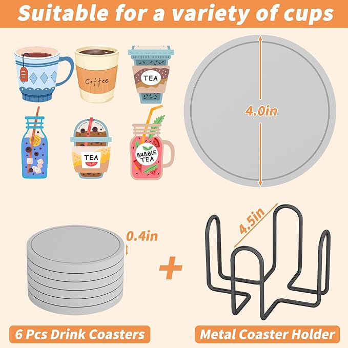 Azhou 6Pcs Drink Coasters with Holder, Silver Absorbent Coaster for Drinks, Non-Slip with Velvet Bottom, Thick Heavy Duty 4 inch Diatomaceous Earth Coasters, Ceramic Tile for Crafts
