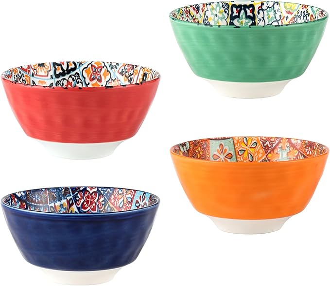Henten Home Ceramic Small Bowls Set, 12 oz Soup Bowls Set of 4, Porcelain Snack Bowls Set for Salad, Rice, Ice Cream, Microwave & Dishwasher Safe Mosaic Style