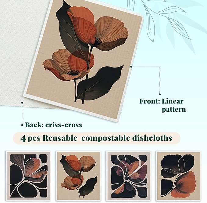 Swedish Dishcloths for Kitchen, Floral Botanical Swedish DishCloths, Papaya Reusable Paper Towels Washable, 4 Pcs Dish Towels for Kitchen Party Home Housewarming Cleaning Cloths