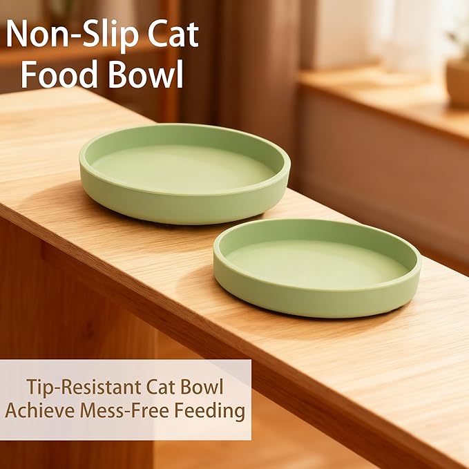 Silicone Cat Bowl Set of 2 Shallow Cat Dishes Small Non-Slip Pet Dog Bowls for Dry & Wet Food, Whisker Fatigue (Round Green)