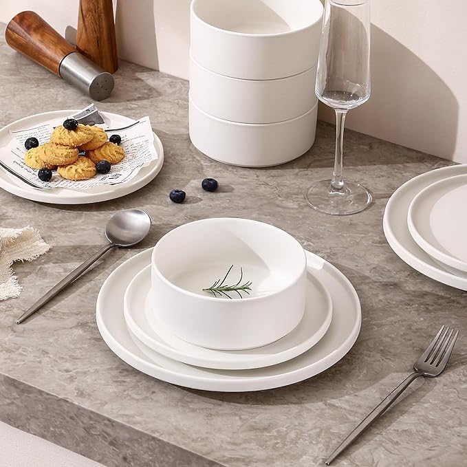 GZG Classic Series - Plates and Bowls Set for 4, 12 Piece Stoneware Dinnerware Sets, Microwave and Dishwasher Safe Lead-Free Handcrafted Ceramic Dishes Set - Ivory White
