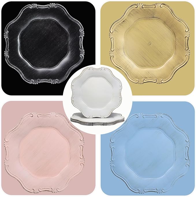 Black Charger Plates Set of 6, Decorative Table Plastic Chargers for Dinner Plates, Party, Wedding, Thanksgiving, Christmas, 22B