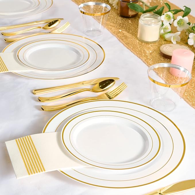 FOCUSLINE 600 Ct Gold Dinnerware Set for 100 Guests - Gold Rimmed Disposable Plastic Plates, Includes 100 Dinner & Salad Plates, Cups, Cutlery Set for Wedding Parties