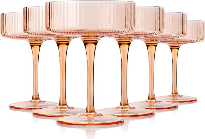 Light peach 9 oz Vintage Art Deco Coupe Glasses Set of 6 Ribbed martini Glasses |Vintage Cocktail Glasses Set,Unique Colored Coupe Glass, Classic Cocktail Glassware