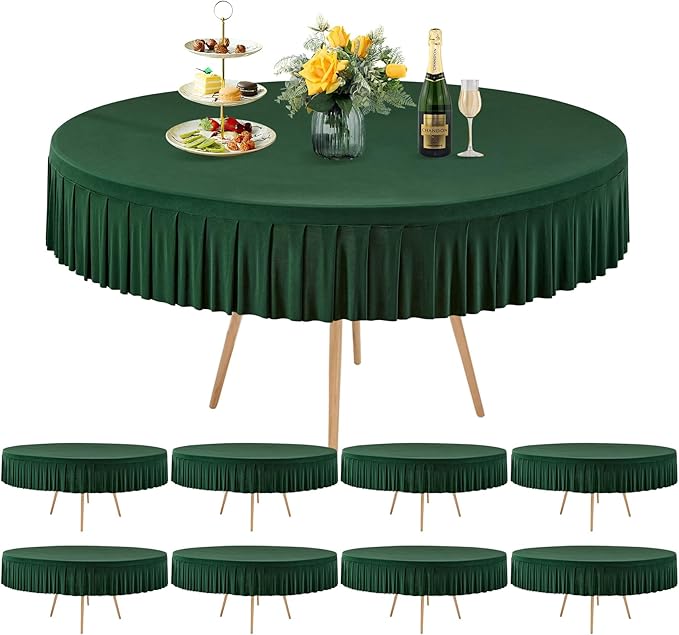 8 Pack Hunter Green Spandex Round Tablecloths for 60 inch Tables, Stretchy Fitted 5FT Round Table Cloths with Skirt for Wedding Party Dining Banquet