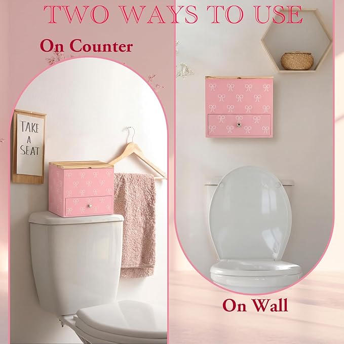 Pink Bow Tampon Holder for Bathroom Wood Feminine Product Organizer with Drawer and Lid Pad and Tampon Organizer Bathroom Accessories Storage Box for Pink Bow Washroom Period Box