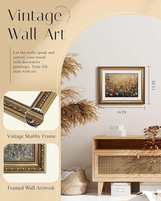 InSimSea Gold Picture Framed Wall Art, Living Room Nature Landscape Flower Wildflower Canvas Print Wall Decor, Vintage Landscape Home Farmhouse Decor, Antique Paintings with Frame 13x16inch