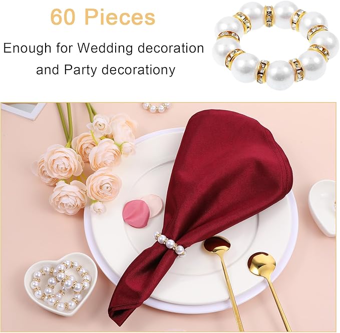 60Pcs Pearl Napkin Rings,Imitation Pearl Beaded Napkin Ring Holder,Serviette Napkins Rings Bulk for Wedding Reception Dinner Table Decor Banquet Home Party (White&Gold, 60Pcs)