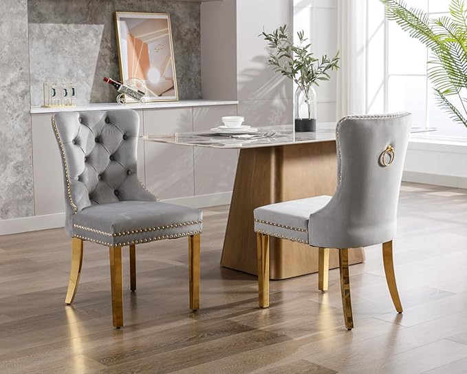 KCC Velvet Dining Chairs Set of 2, Upholstered High-end Tufted Dining Chair with Nailhead Back Ring Pull Trim Stainless Steel Legs, Contemporary Nikki Collection Modern Style for Kitchen, Light Gray