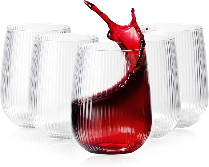 36 Pack Plastic Ribbed Wine Glasses, 15Oz Origami Disposable Wine Glasses Unbreakable Clear Plastic Cocktail Glasses Recyclable Shatterproof Reusable Wine Cups