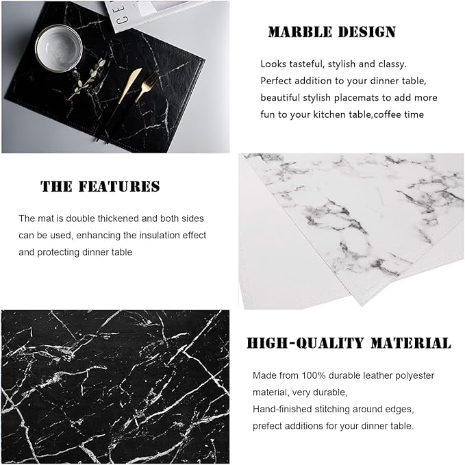Marble Leather Placemats for Dining Table Waterproof Set of 4 Marble Decor for Kitchen Table Easy to Clean PU Place Mats for Dinning,Office (Marble（Black）)