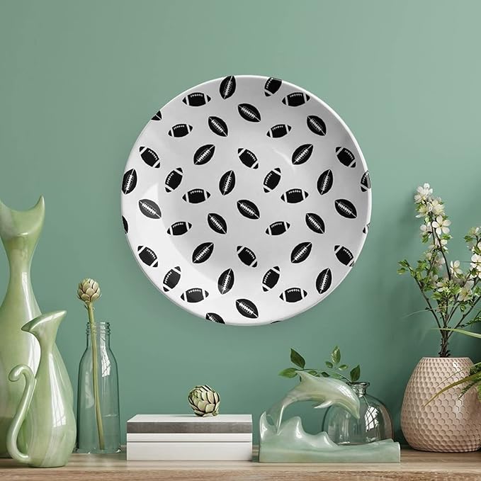 Ceramic Plates, American Football Decorative Ceramic Plates, Monochrome Pattern Black Rugby Balls Sports, 6 Inch, for Dining, Parties, Wedding, Black White