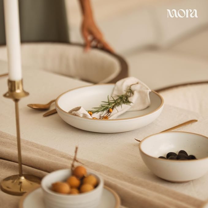 MORA Medium Dishes Set of 4, 30oz Ceramic Pottery Pasta Plate/Wide Bowls - Microwave, Oven and Dishwasher Safe - Oat