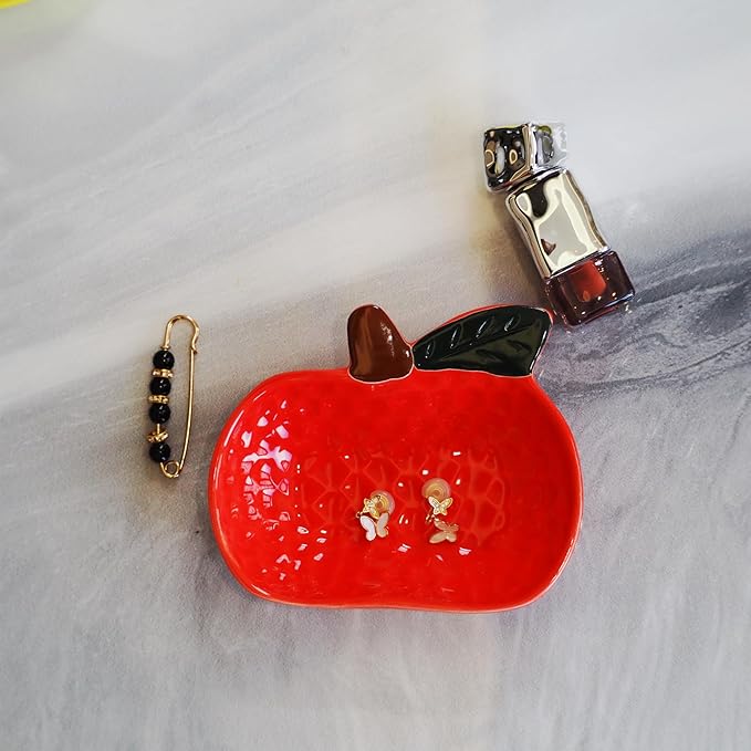 Ceramic Jewelry Tray, Apple Shaped Trinket Dish, Jewelry Organizer, Ring Holder, Decorative Bowl for Rings Earrings Necklaces Bracelet Jewelry Watch Keys, Gift for Sisters Daughter (Apple)