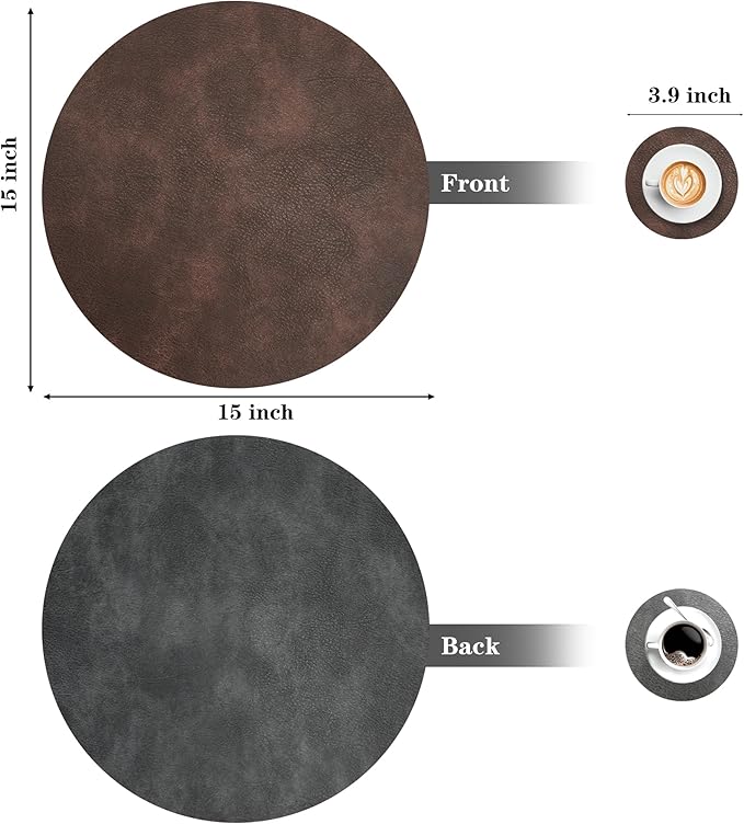 Round Placemats and Coasters Set of 6, Washable Reversible Faux Leather Placemats Cowhide Pattern Place Mats Wipeable Non-Slip 15 inch Round Kitchen Dining Table Mats (Gray Dark Coffee, 6)