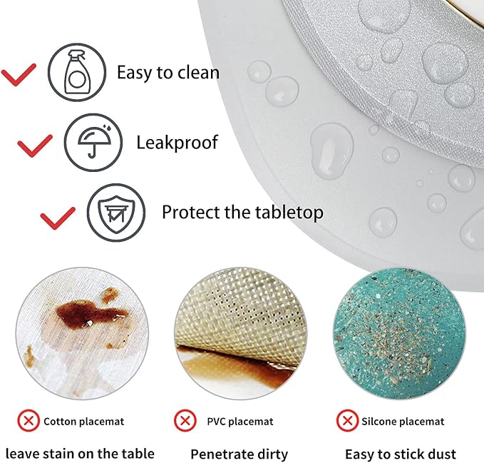 Faux Leather Placemats Set of 2 and Coasters, Heat Resistant Placemats for Round Table, Waterproof Wipeable Washable Dinner Table Mats, Easy to Clean Place Mats Nordic Style, Silver