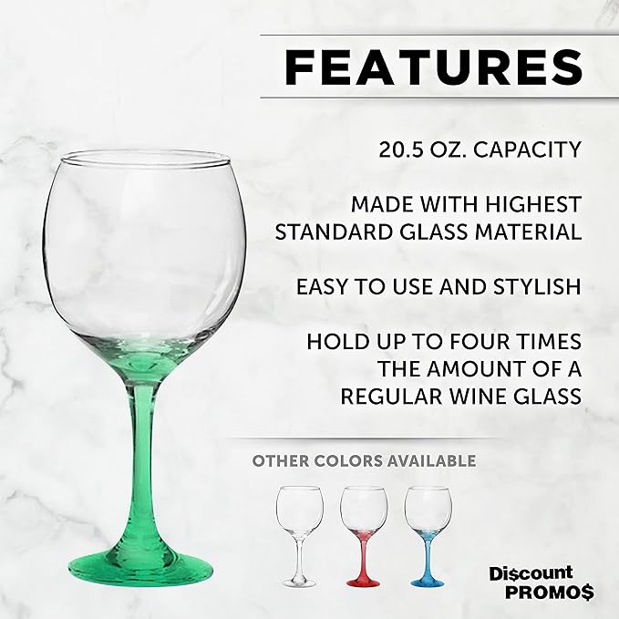 DISCOUNT PROMOS Premiere Wedding Wine Glasses 20.5 oz. Set of 12, Bulk Pack - Restaurant Glassware, Perfect for Red Wine or White Wine - Green