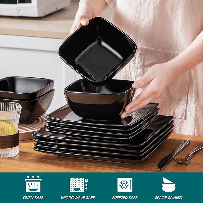vancasso Soho Dinnerware Sets 12 Pieces, Black Stoneware Square Place Setting, Plates and Bowls Sets, Dinner Plate, Dishes Set for 4
