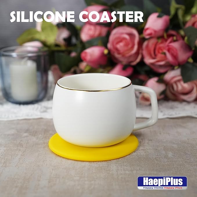 6 Pieces Silicone Coasters, Round Shape Hot Cup Mat for Drinks, Heat Resistant Glass Cushion, Coffee Coaster for Table, Desk, Kitchen, Office, Bar Protection (Yellow)