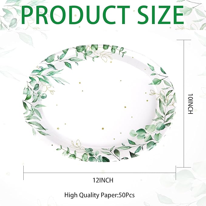 50Pcs Sage Green Oval Paper Plates 10" x 12" Large Disposable Heavy Duty Watercolor Eucalyptus Paper Platters Sage Floral Green Leaves Dessert Plates for Baby Shower Picnic Wedding Dinner Supplies