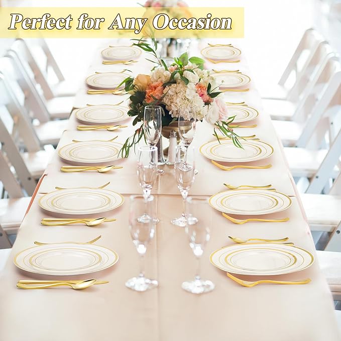BESTSTAR 100PCS Clear Gold Plastic Plates Set, 50 10.25 inch Dinner Plates and 50 7.5 inch Dessert Plates, Disposable Plates for Party, Wedding