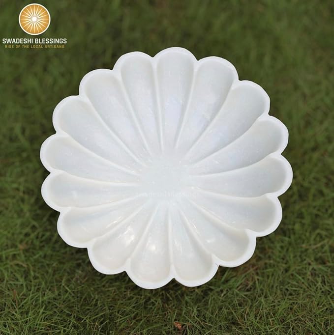 HandCrafted Marble Decorative Bowl | White Ruffle Scalloped Fluted Key/Fruit Ring Dish | Organic Modern Home Decor (10 Inches)