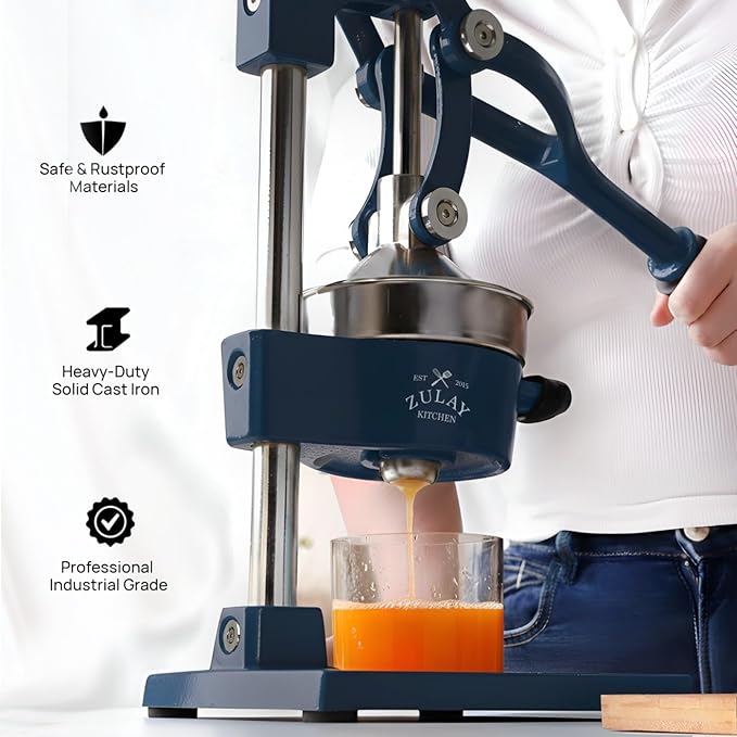 Zulay Kitchen Cast Iron Juicer - Easy-to-Clean Heavy-Duty Manual Juicer, Professional Citrus Juicer - Stainless Steel Lemon Squeezer - Manual Citrus Press & Orange Squeezer - Orange Juicer – Navy
