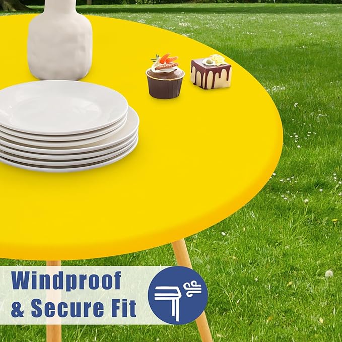 Round Spandex Tablecloth, Elastic Fitted Waterproof Tablecloths for 25"-30" Tables, Stretch Washable Picnic Table Cover for Camping, Dining, Indoor and Outdoor, Yellow