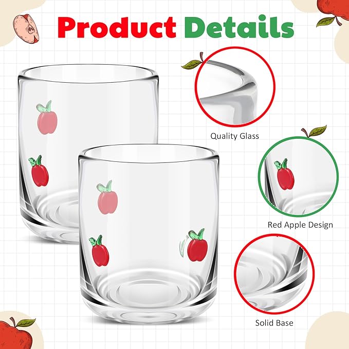 Icon Juice Glasses, 14oz Stemless Wine Drinking Juice Glass Cup for Valentine Party Supplies Gift(2 Pcs,Apple)