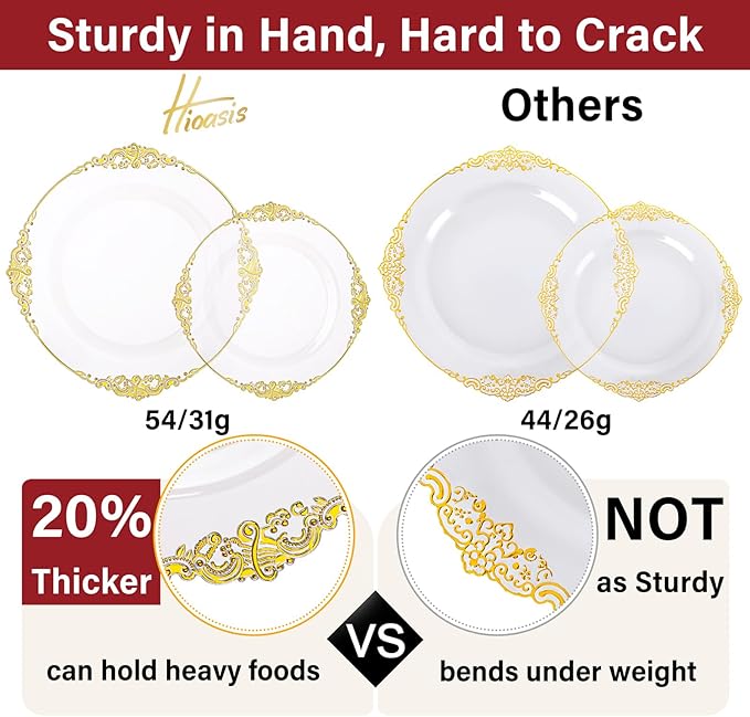 Hioasis 175pcs Clear and Gold Plastic Plates - Elegant Disposable Dinnerware Set Suitable for 25 Guests Include 10.25" Dinner & 7.5" Dessert Plates, Pre Rolled Silverware Set, Cups for Party & Wedding