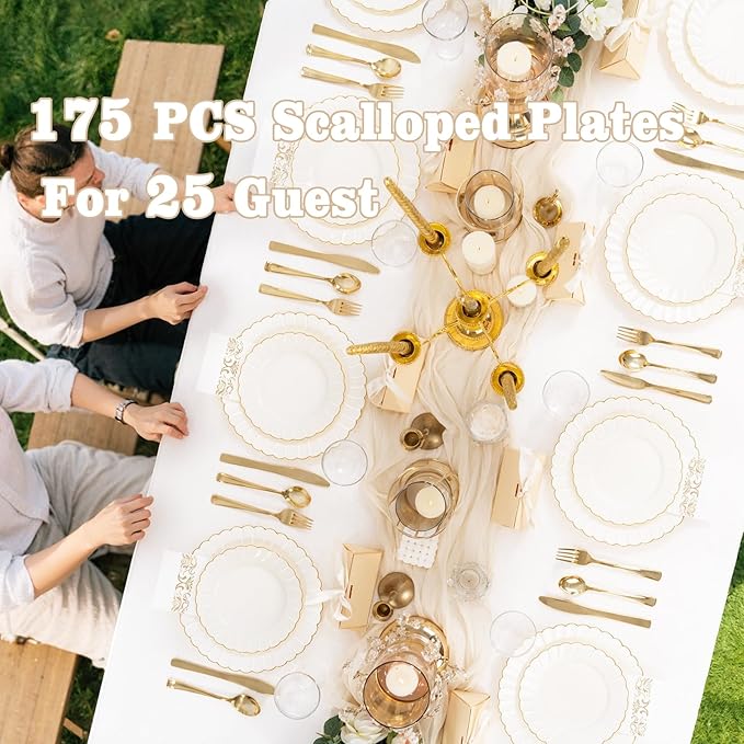 YOUBET 175PCS Ivory Scalloped Plastic Plates - Gold Disposable Dinnerware Set Include 50 Plates, 75 Gold Silverware, 25 Cups, 25 Napkins for Party & Wedding