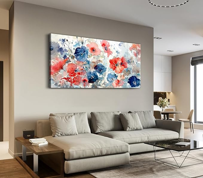 ADJUVANT Wall Art Watercolor Vibrant Floral 60"L x 30"W, Colorful Poppies With Soft Hues Canvas Painting Lively Blooms Artwork Delicate Tones Prints Wall Decor for Living Room Bedroom Bathroom Home Office