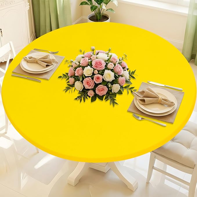 Round Spandex Tablecloth, Elastic Fitted Waterproof Tablecloths for 31"-35" Tables, Stretch Washable Picnic Table Cover for Camping, Dining, Indoor and Outdoor, Yellow
