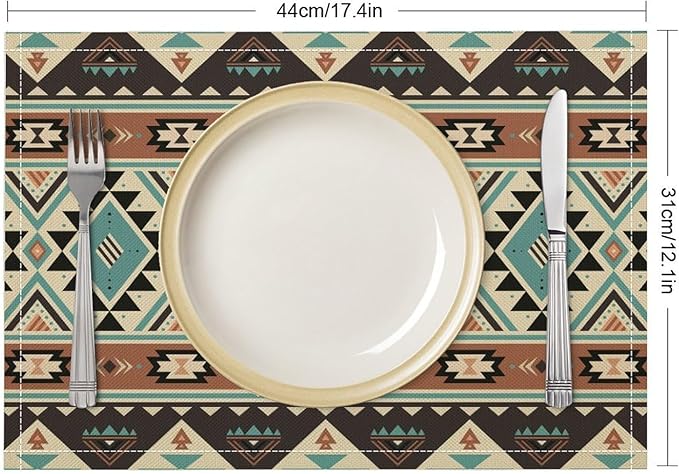 Aztec Southwest Placemats Rustic Tribal Geometric Decorative Table Mat Antique Native Heat Resistant Place Mats for Dining Kitchen Party Holiday Decor 12x18 in 6 PCS