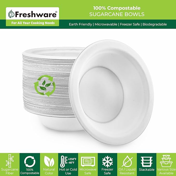 Freshware Paper Bowls - Disposable Soup Bowl, Biodegradable Sugarcane Fiber Serving Bowls - Heavy Duty Bagasse for Hot Food Plates - Microwave & Freezer Safe, Stackable Dinnerware - 150-Pack, 12 oz.
