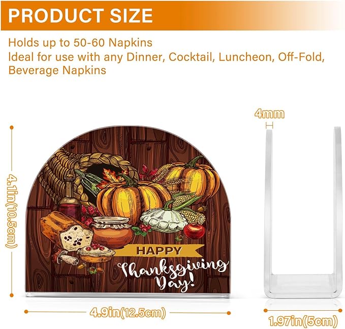 Napkin Holder Happy Thanksgiving Day Turkey Bread Pumpkin Crystal Clear Acrylic Napkin Holders, Paper Napkin Holder Dining Table Dispenser for Kitchen Restaurant Home Decor Bar Accessories