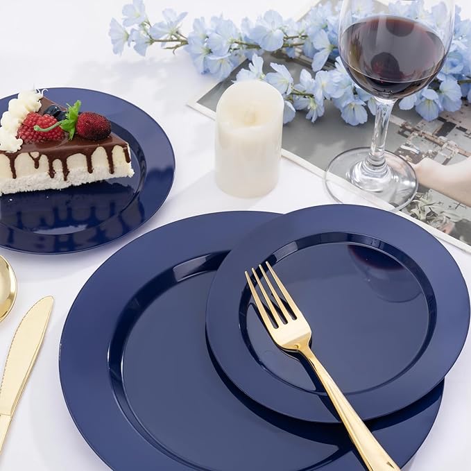 FLOWERCAT 200PCS Navy Blue Plastic Plates Disposable Plates for Party - Heavy Duty Plastic Plates - 10" &7" Plate for 100 Guests Hanukkah Parties and New Year Events