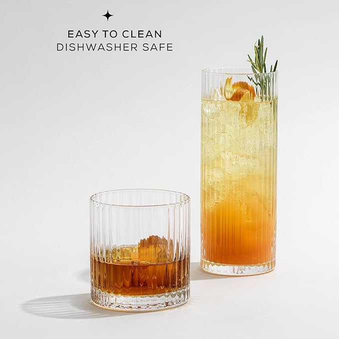 JoyJolt Elle 16oz Fluted Highball Glasses Set of 2, Ribbed Tall Cocktail Tumblers for Gin Juice Water, Vintage Style Drinking Glasses
