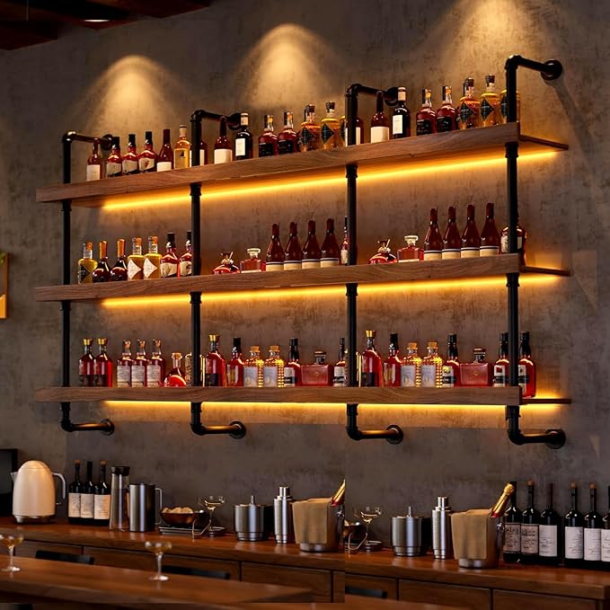 62.9in Large Wine Rack with LED Light Solid Wood Wall Mounted Wine Rack, 3-Tiers Liquor Bottles Floating Shelves Display Storage Organizer for Home Bar & Dining Room (160cm/62.9in)