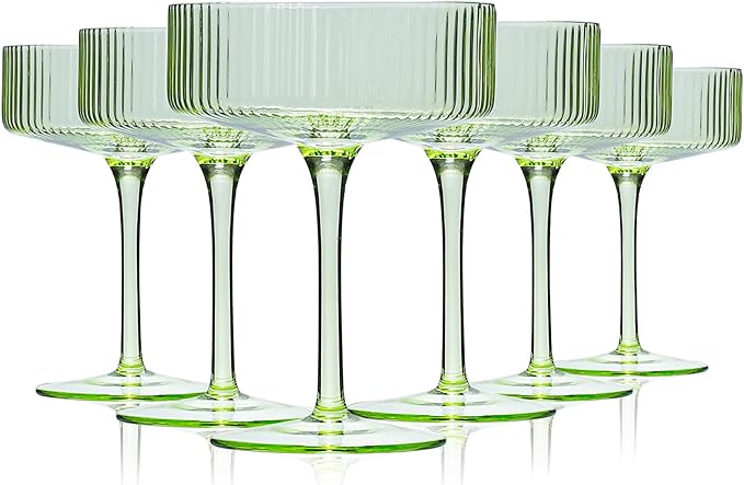 Green Vintage Art Deco Coupe Glasses Set of 6-9 oz Pale Green Ribbed martini Glasses|Vintage Cocktail Glasses Set,Unique Light green Coupe Glass