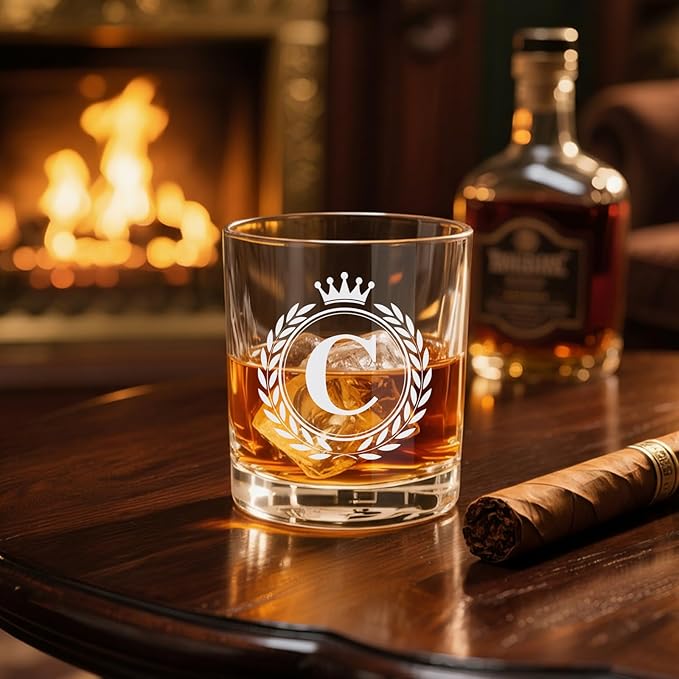 Whiskey Glasses - Rocks Old Fashioned Glass Gifts for Men, Monogrammed A-Z 10oz Personalized Whisky Glasses, Christmas Birthday Gifts for Men Him Dad Father Husband Brother Son (C)