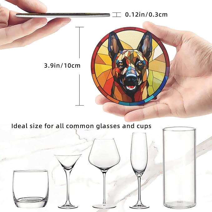 Drink Coaster Set of 6, Belgian Malinois Dog Mom Lover Gift,Leather Drink Coasters with Holder,6 Pack Cup/Bar/Drink Coasters for Table/Drinks/Coffee Protection Housewarming Gift