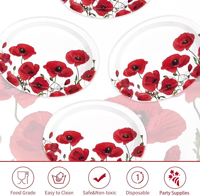 50Pcs Poppy Floral Oval Paper Plates 10" x 12" Large Disposable Heavy Duty Spring Poppies Dessert Platters Watercolor Red Flowers Dinner Plates for Seasonal Bridal Shower Tea Garden Party Supplies