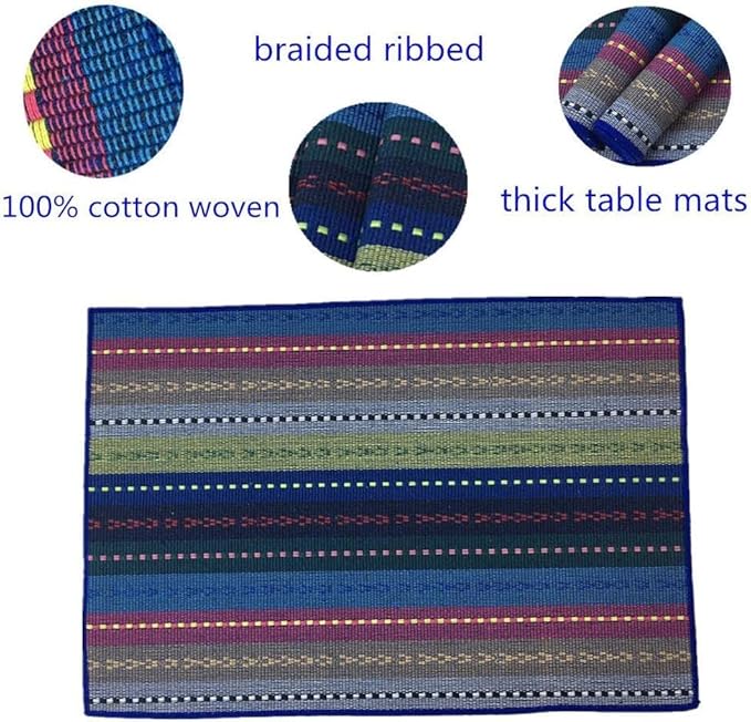WAZAIGUR Hand Woven with 100% Cotton Placemats Colorful Placemats Braided Ribbed Durable Heat-Insulation Table Mats Set of 4,Blue