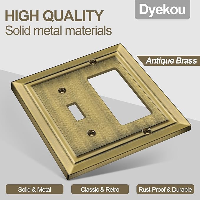 Metal Wall Plate for Electrical Outlets, Decorative Antique Brass Switch Plates Outlet Cover, Light Switch Cover Plate, 2-Gang Wall Plates (Toggle/Decorator, 2 Pack)