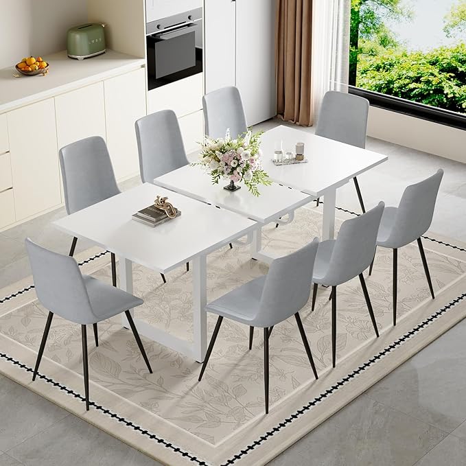 Extendable Dining Table Set for 8, 55"–71" Modern White Kitchen Table with 8 Upholstered Chairs, Space-Saving for Living Room Apartment, Sturdy & Comfortable, Easy Assembly
